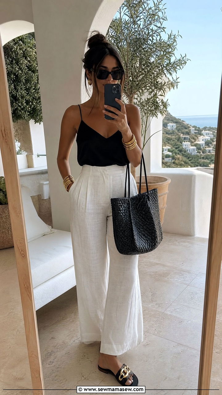 White Linen Wide Leg Trousers With Black Silk Cami - 30 Mob wife summer outfits