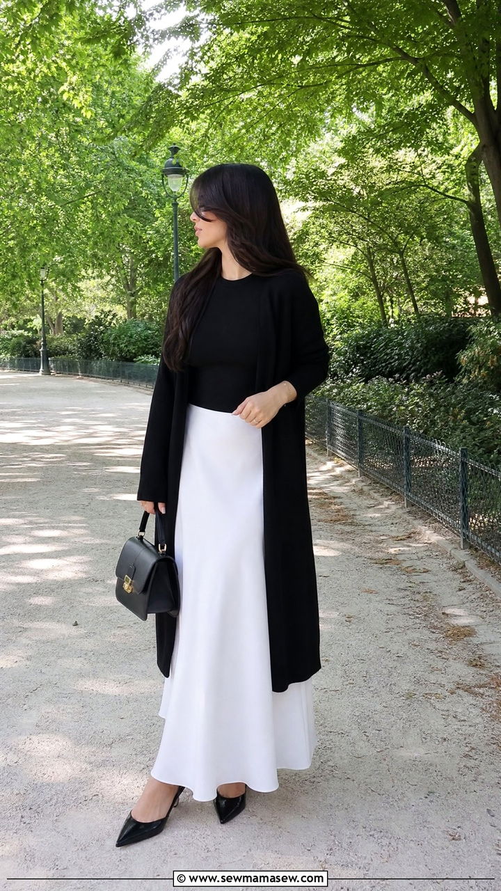 White Long Skirt with Black Cardigan and Top - 25 outfit ideas for modest women