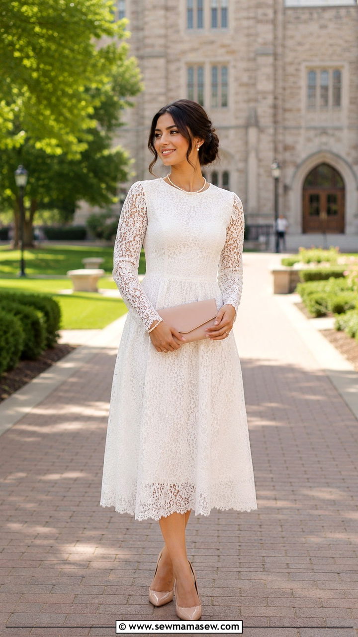White Long Sleeve Midi Dress - 30 modest graduation outfit ideas