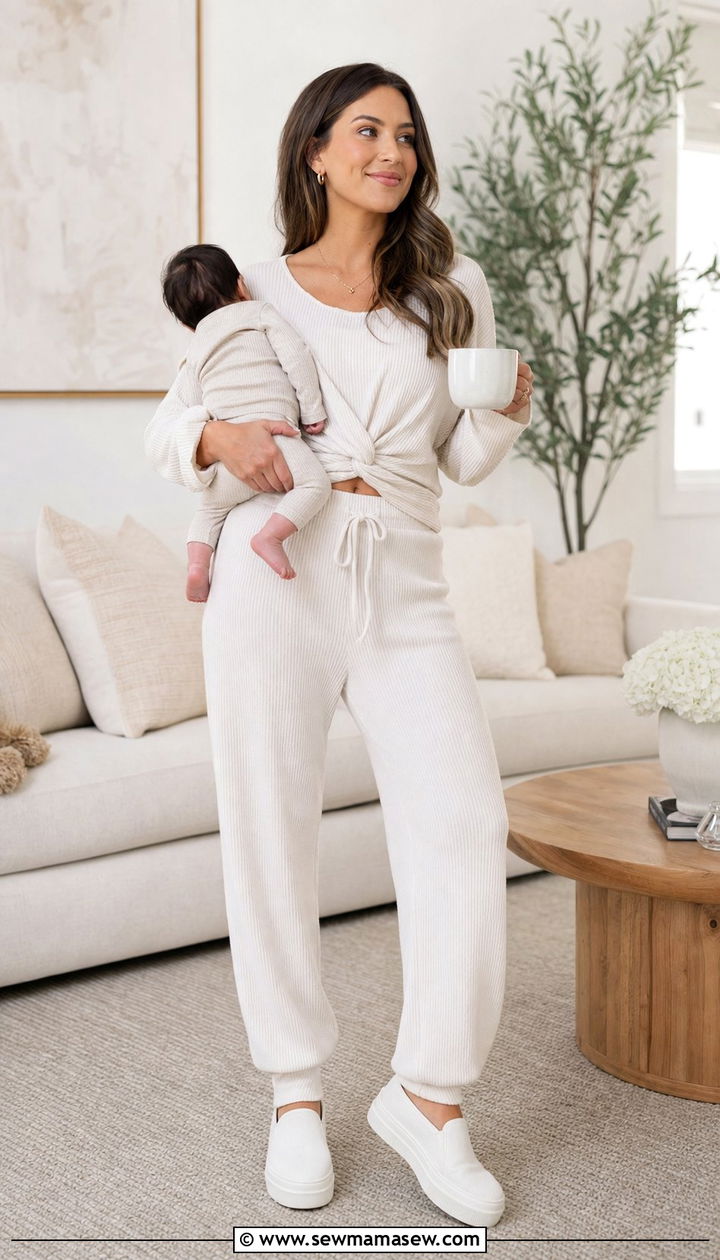 White Loungewear Set with Slip On Sneakers - 25 classy outfits for new moms