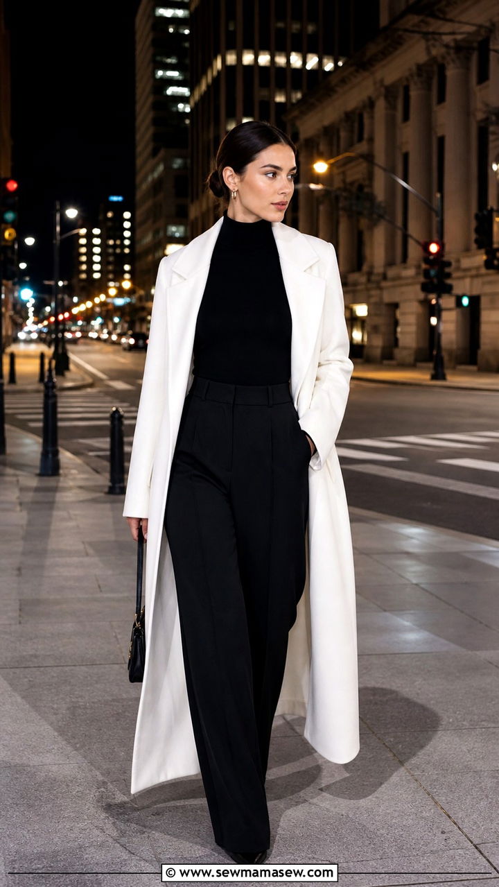 White Maxi Coat With All Black Base Layers - 40 Maxi coat outfit ideas