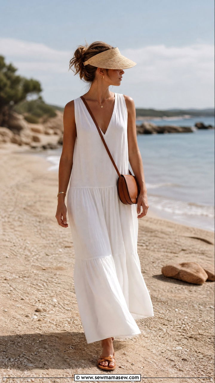 White Maxi Dress And Flat Tan Sandals - 30 summer quiet luxury outfit ideas