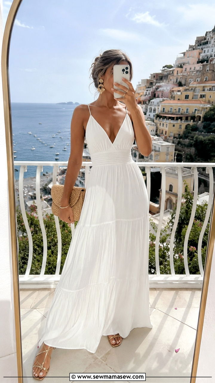White Maxi Dress Positano Evening - 20 Italy outfits 2026