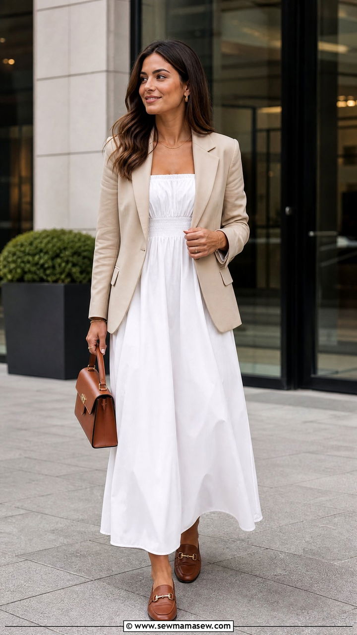 White Maxi Dress With Blazer and Loafers - 25 chic maxi dress outfit ideas