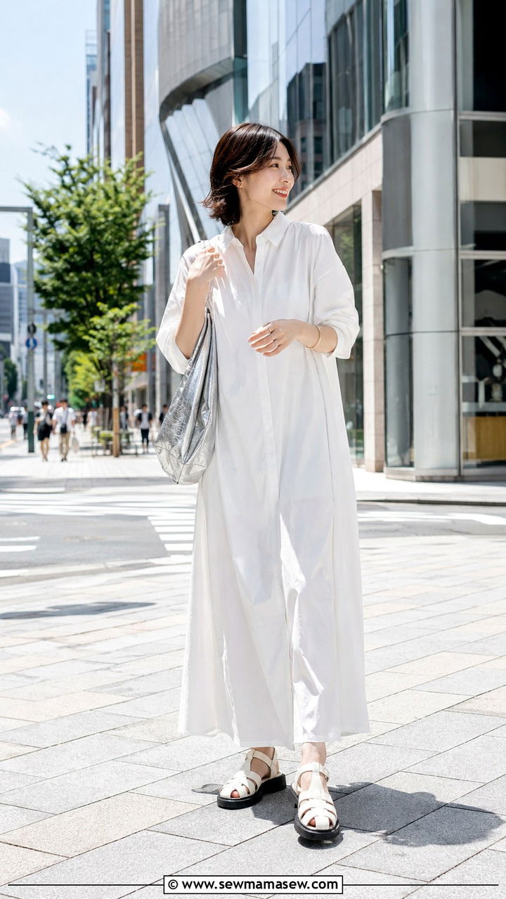 White Maxi Dress With Chunky Sandals And Metallic Bag - 30 Tokyo vacation outfit ideas