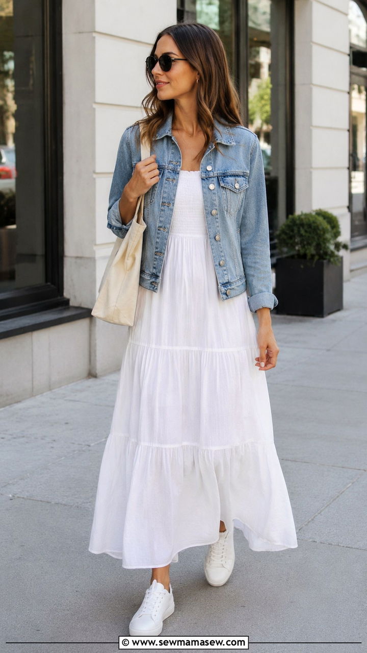 White Maxi Dress With Denim Jacket And Sneakers - 30 Maxi dress with a denim jacket outfit ideas
