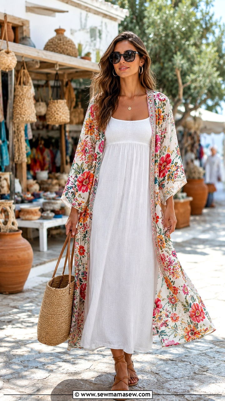 White Maxi Dress With Floral Kimono - 30 Maxi dress with a kimono outfit ideas