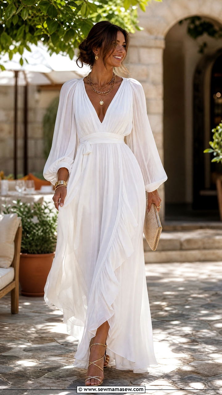 White Maxi Dress With Gold Accessories Brunch Outfit - 30 Bridal brunch outfit ideas