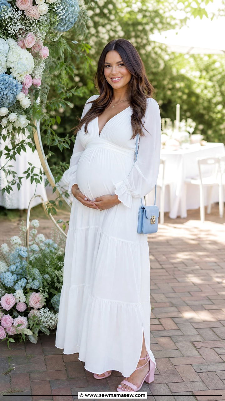 White Maxi Dress With Pastel Accessories - 25 Gender reveal photo outfit ideas 2026