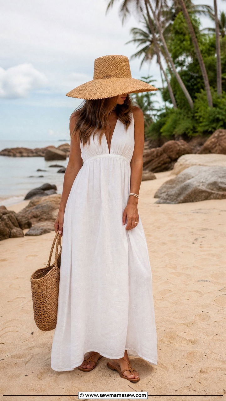 White Maxi Dress With Straw Hat And Flat Sandals - 35 maxi dress outfit ideas for women