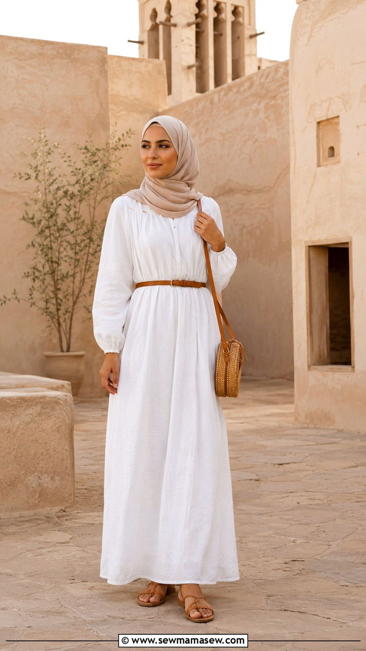White Maxi Dress With Tan Accessories - 30 Dubai vacation outfit ideas modest