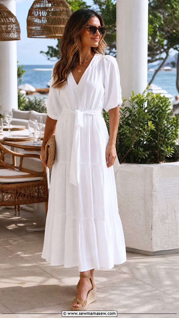 White Maxi Dress With Tie Belt And Espadrilles - 30 Maxi dress with a belt outfit ideas