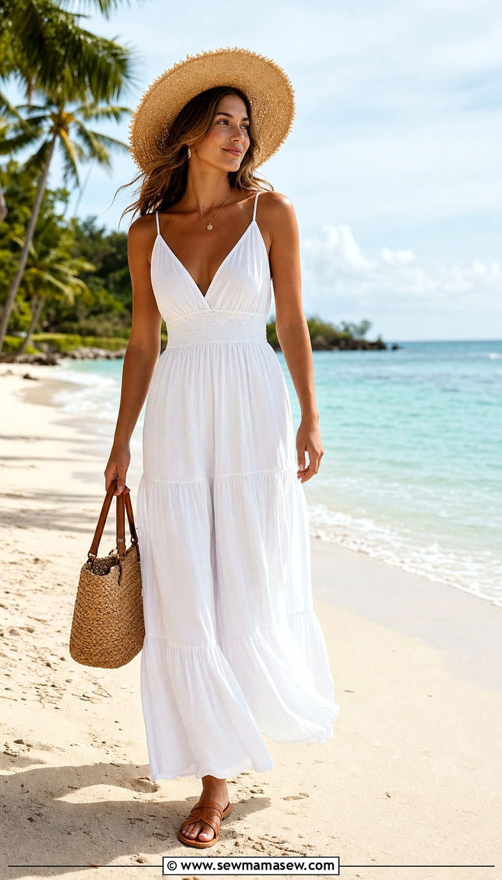 White Maxi Dress and Flat Sandals Beach Outfit - 25 Clean girl travel outfit ideas