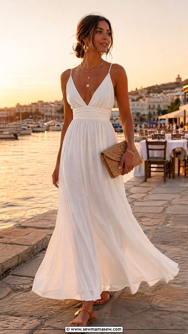 White Maxi Dress and Gold Jewelry - 35 European vacation outfit ideas