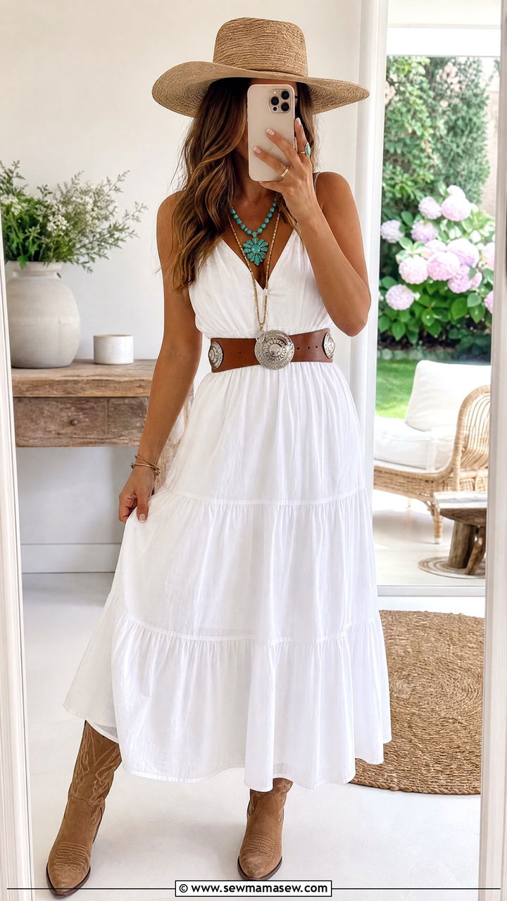 White Maxi Dress and Western Belt Outfit - 30 summer western outfit ideas