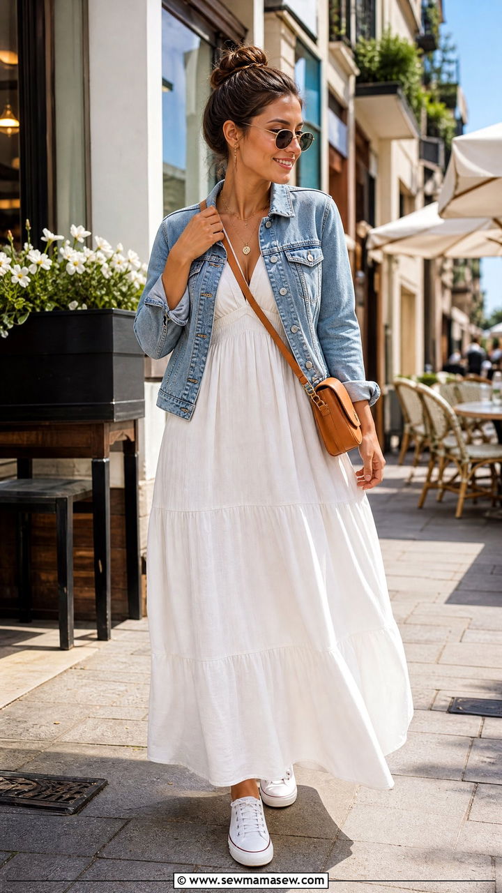 White Maxi Dress with Denim Jacket - 35 maxi dress outfits inspo