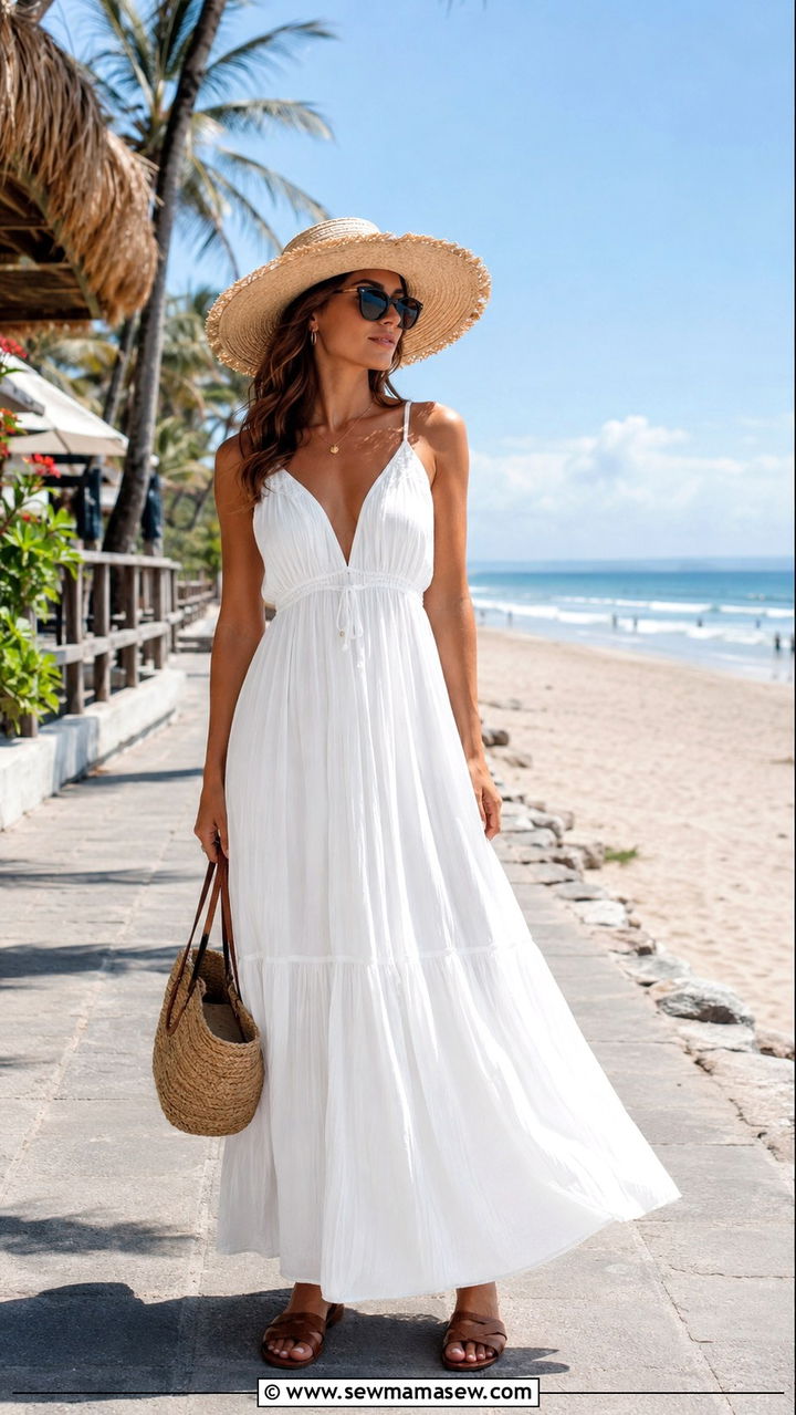 White Maxi Dress with Flat Sandals - 30 Resort wear outfit ideas Bali