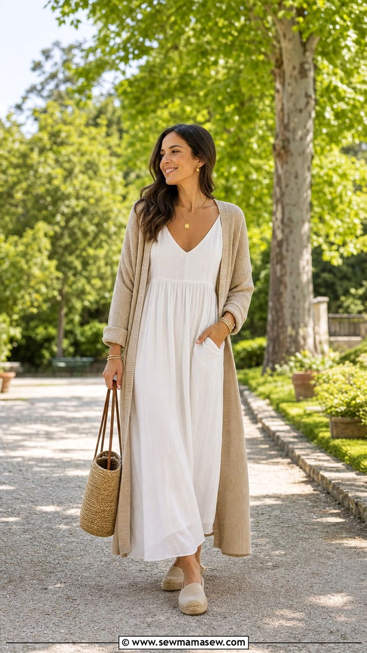 White Maxi Dress with Long Beige Cardigan - 25 cute modest classy outfits