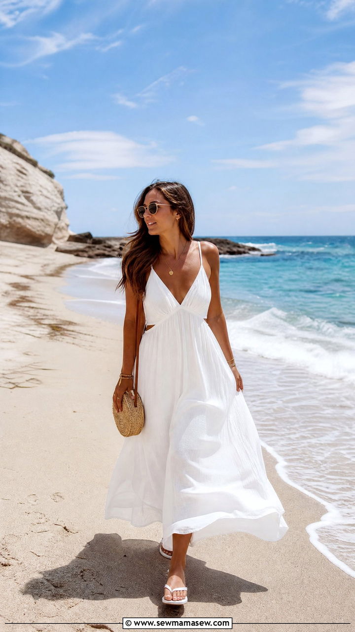 White Maxi Dress with Raffia Bag and Flat Flip Flops - 30 summer white dress outfit ideas
