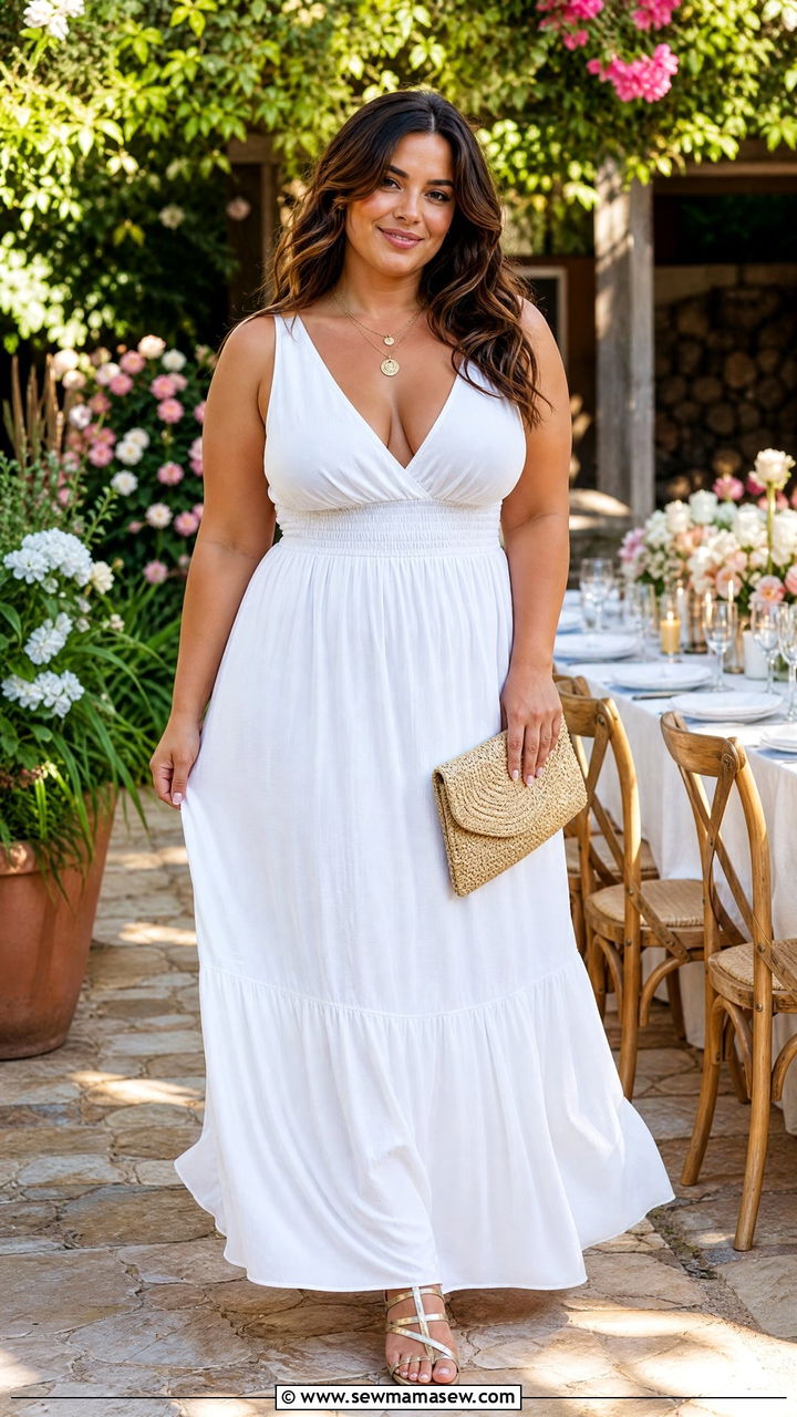 White Maxi Dress with Strappy Sandals - 30 Curvy girl summer outfit ideas