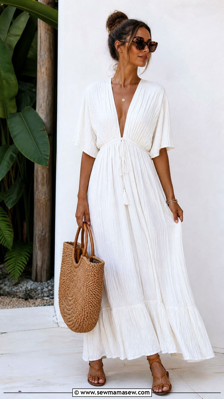 White Maxi Dress with Strappy Sandals - 40 What to wear in Bali
