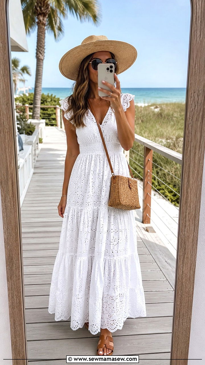 White Maxi Dress with Straw Hat and Sandals - 30 Spring outfits with maxi dresses