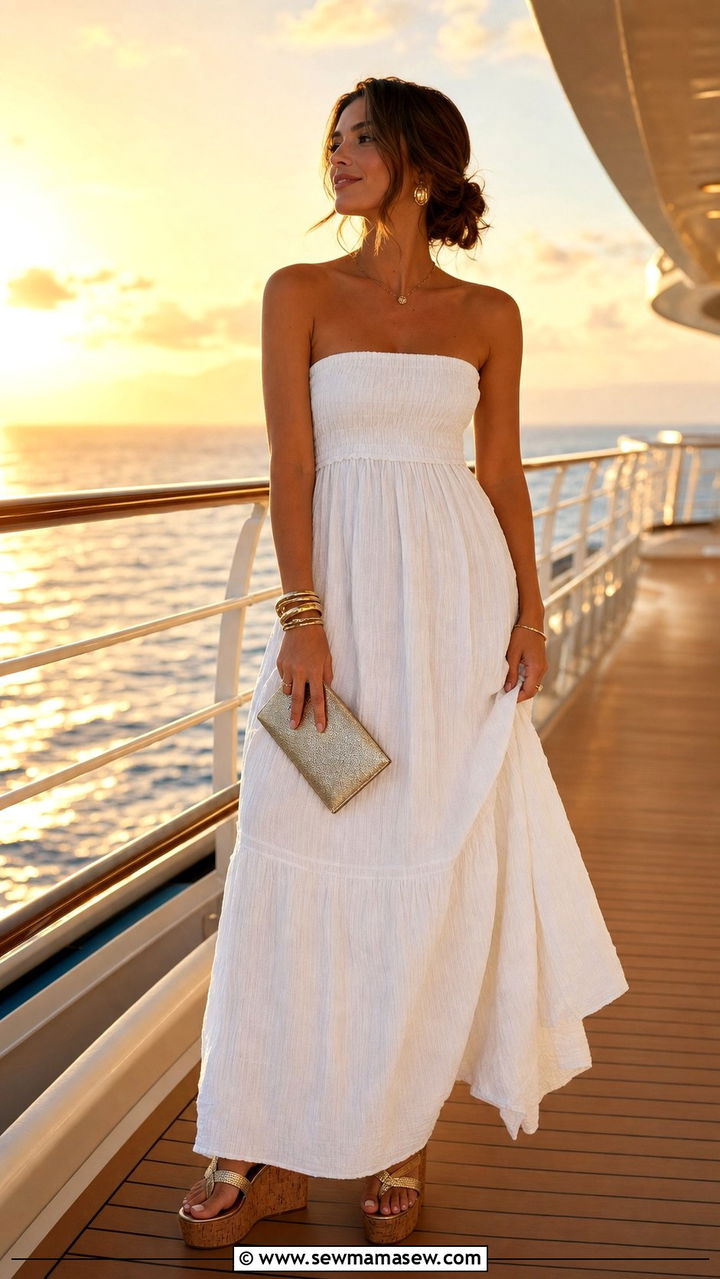 White Maxi Dress with Wedge Sandals for a Sunset Dinner - 25 Cruise outfit ideas 2026