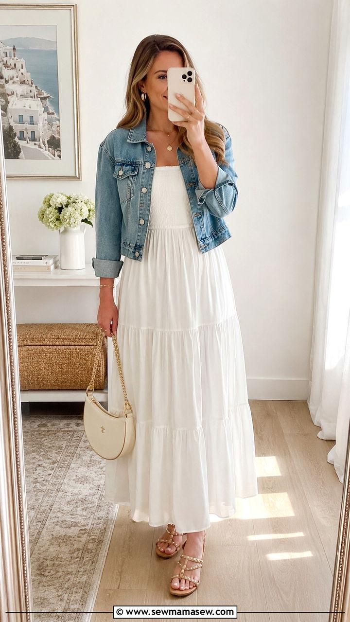 White Maxi Dress with a Cropped Denim Jacket - 30 spring outfits 2026 women classy