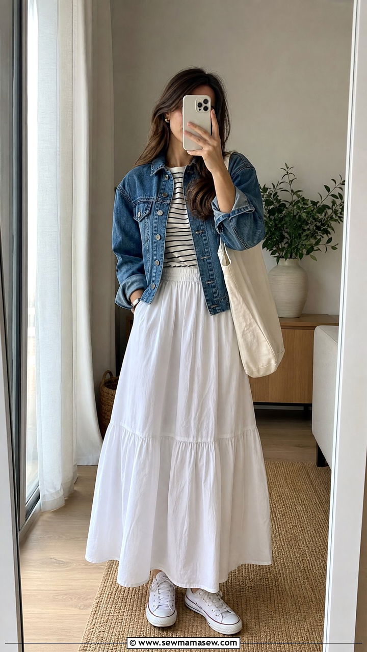 White Maxi Skirt And Denim Jacket - 35 maxi skirt outfits inspo