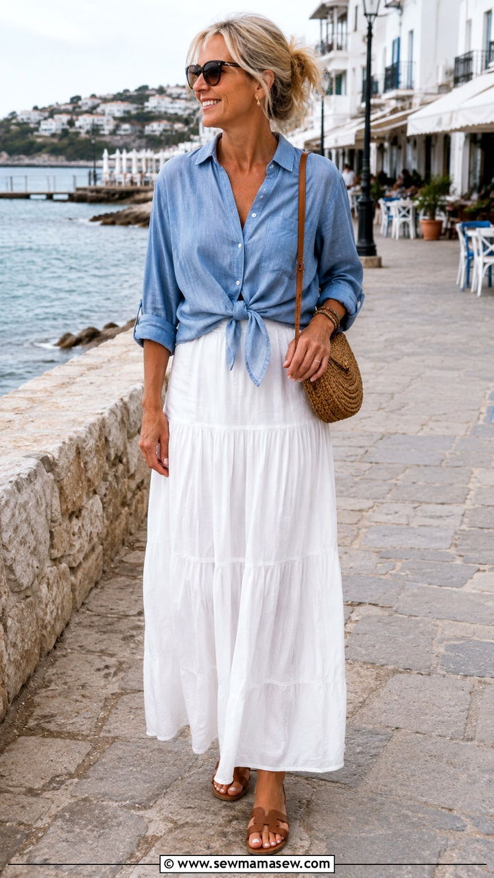 White Maxi Skirt Outfit With Chambray Shirt - 30 maxi skirt outfits for women over 40