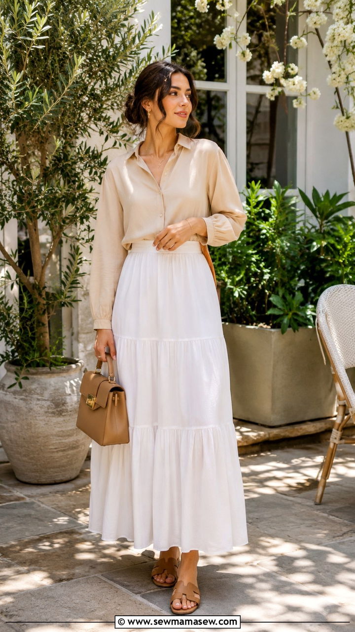 White Maxi Skirt With A Neutral Blouse - 30 Modest summer outfit ideas