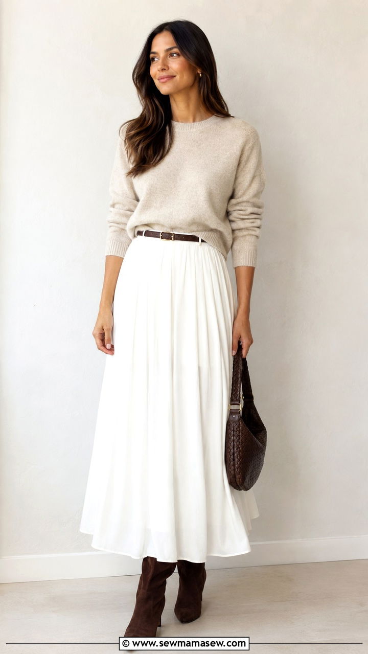 White Maxi Skirt With Brown Knee High Boots Outfit - 30 Maxi skirt outfit ideas with boots
