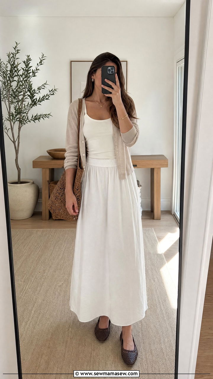 White Maxi Skirt With Cardigan Outfit - 30 Late August outfit ideas