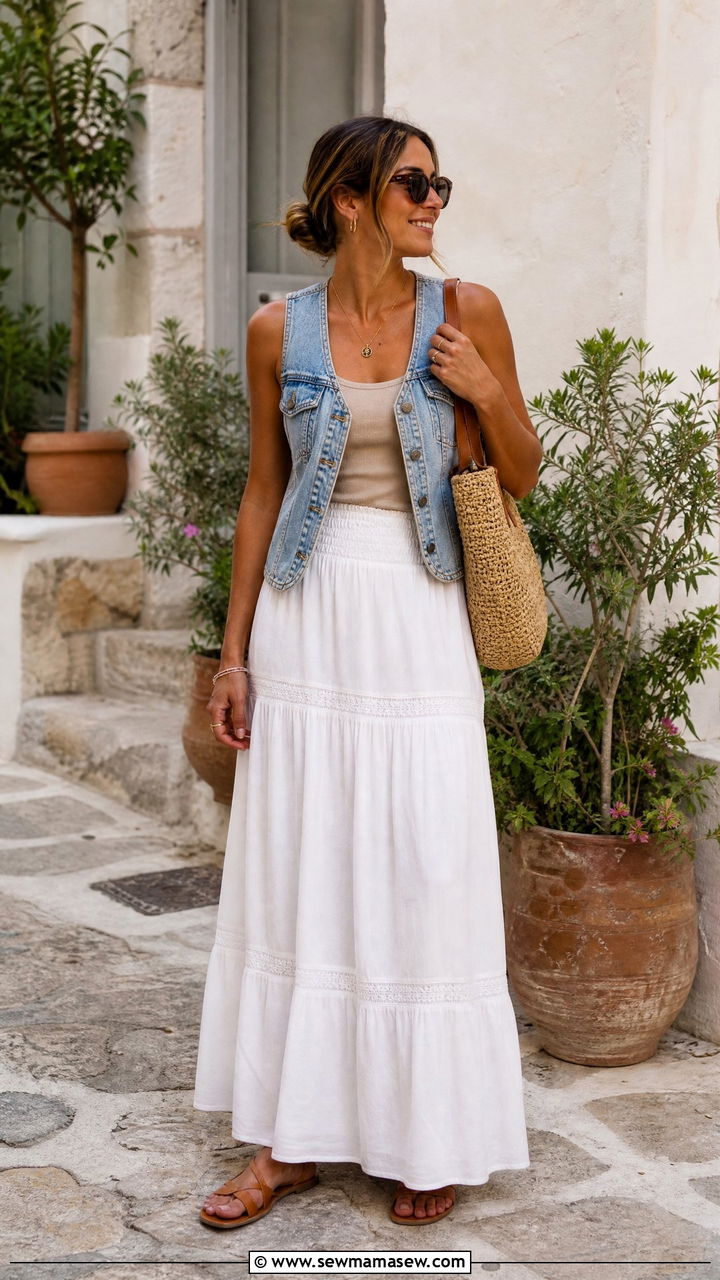 White Maxi Skirt With Denim Vest And Flat Sandals - 35 maxi skirt outfits aesthetic