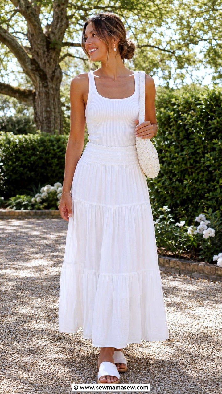 White Maxi Skirt With White Tank Top - 30 Monochromatic white outfits