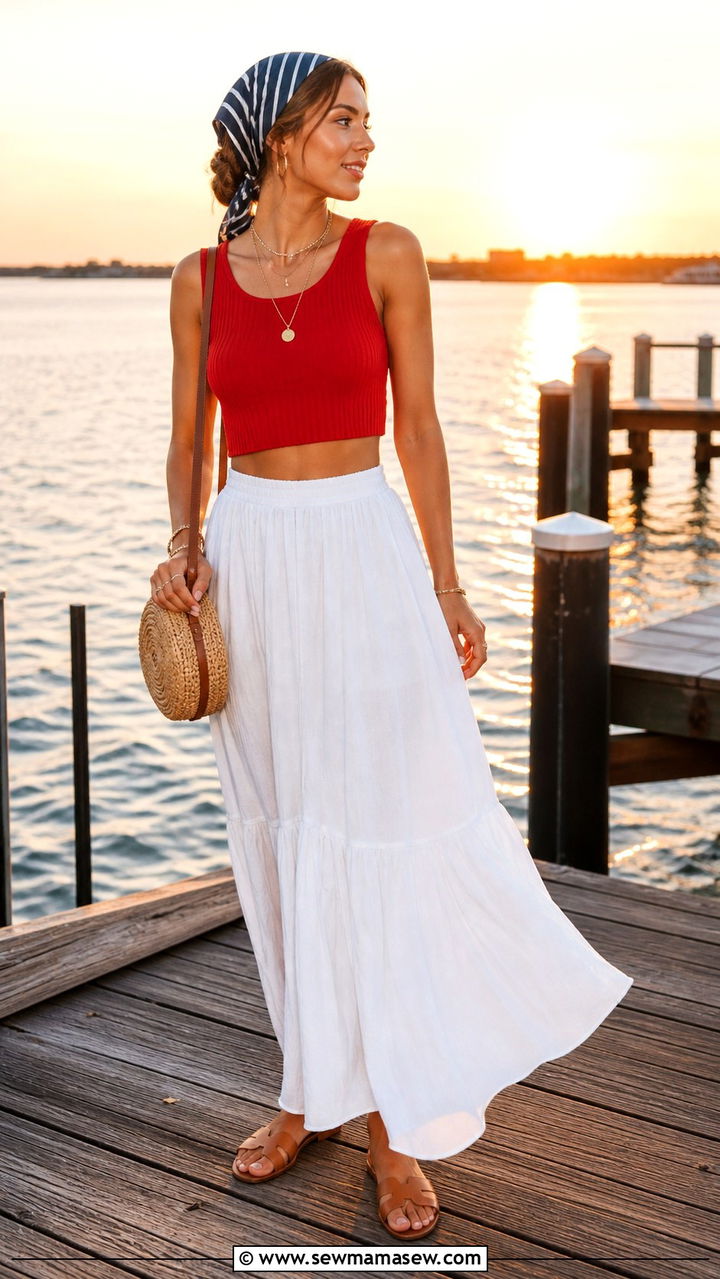 White Maxi Skirt and Red Crop Top - 40 Memorial Day outfit ideas