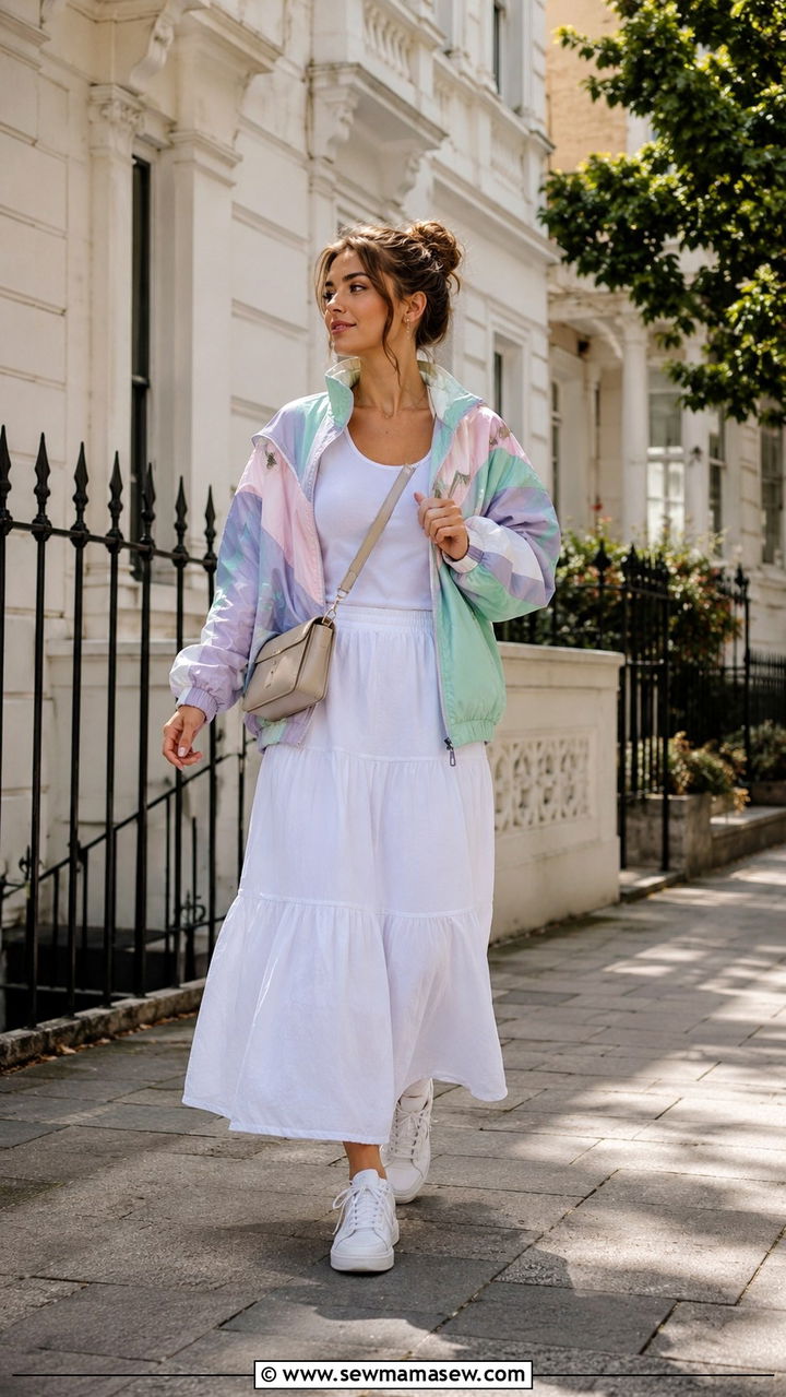 White Maxi Skirt and Track Jacket Outfit - 30 Spring outfit inspiration