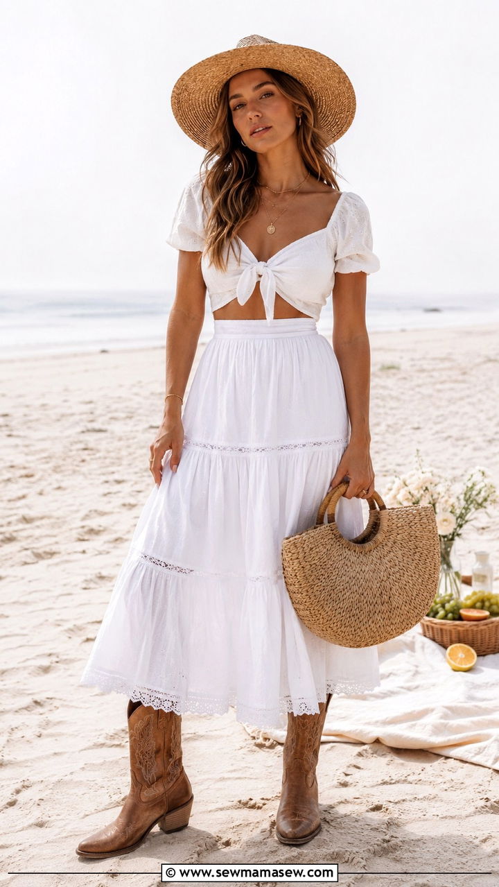 White Maxi Skirt and White Top With Cowboy Boots - 20 coastal cowgirl outfits to copy