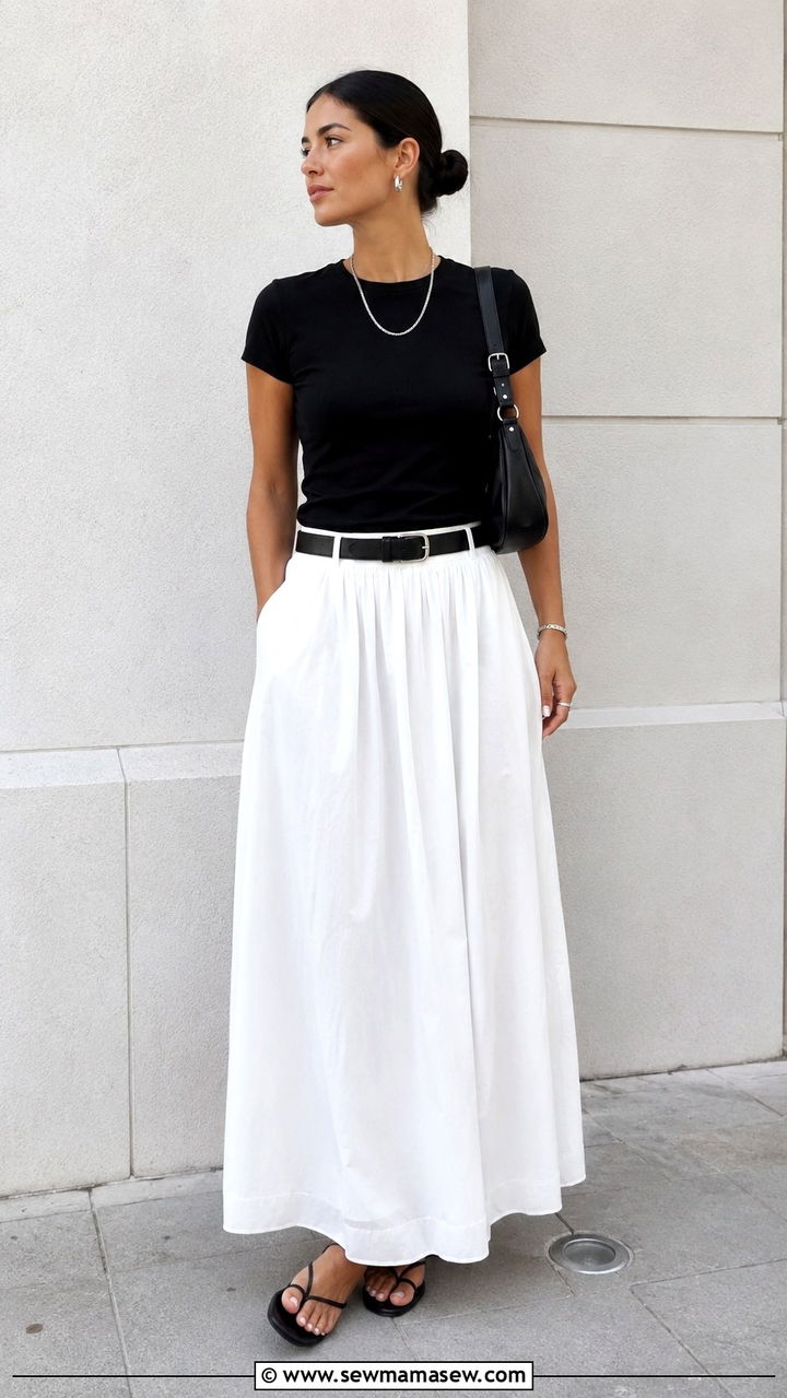White Maxi Skirt with Black Tee - 30 Maxi skirt outfit ideas with a tee