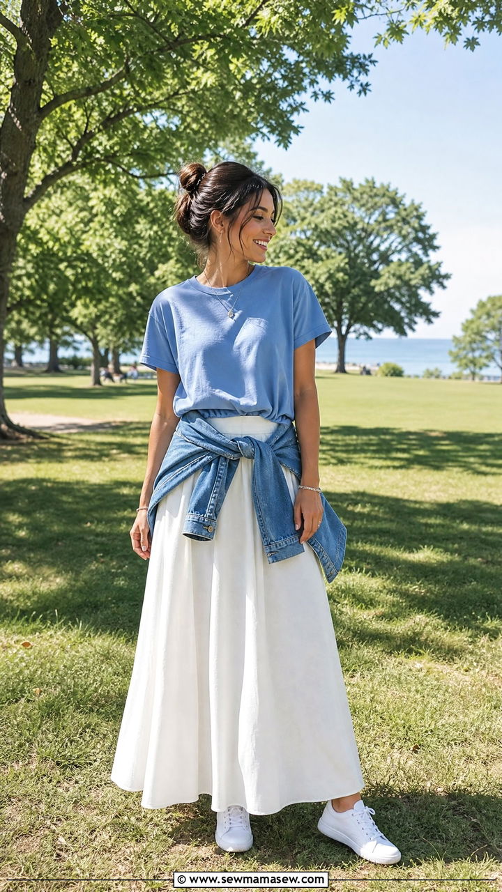 White Maxi Skirt with Blue T Shirt Top - 25 outfit ideas for modest women