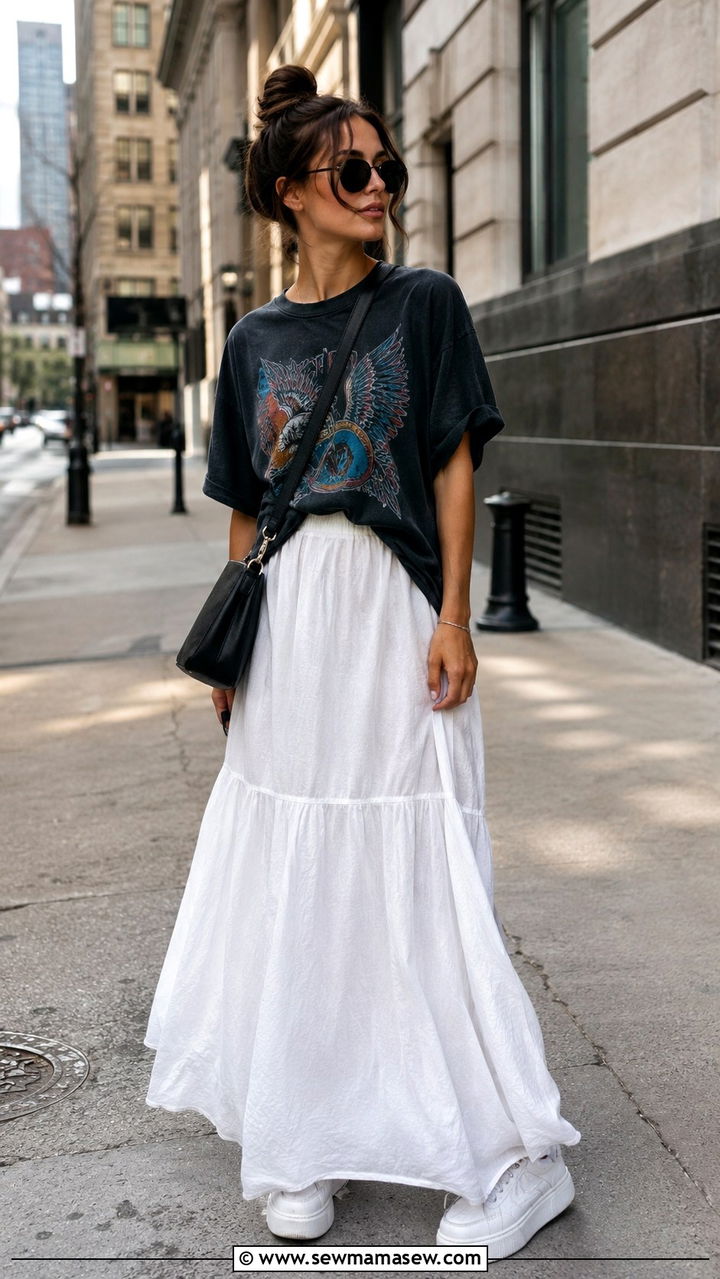 White Maxi Skirt with Graphic Tee - 20 maxi skirt outfits 2026