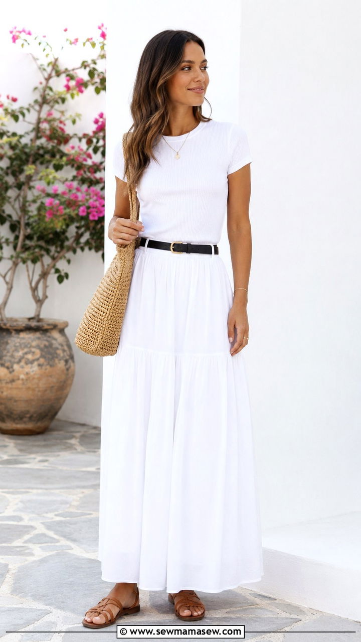 White Maxi Skirt with White Tee - 30 Maxi skirt outfit ideas with a tee