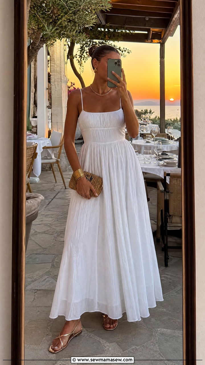 White Maxi Sundress with Gold Accessories Outfit - 30 summer old money outfit ideas