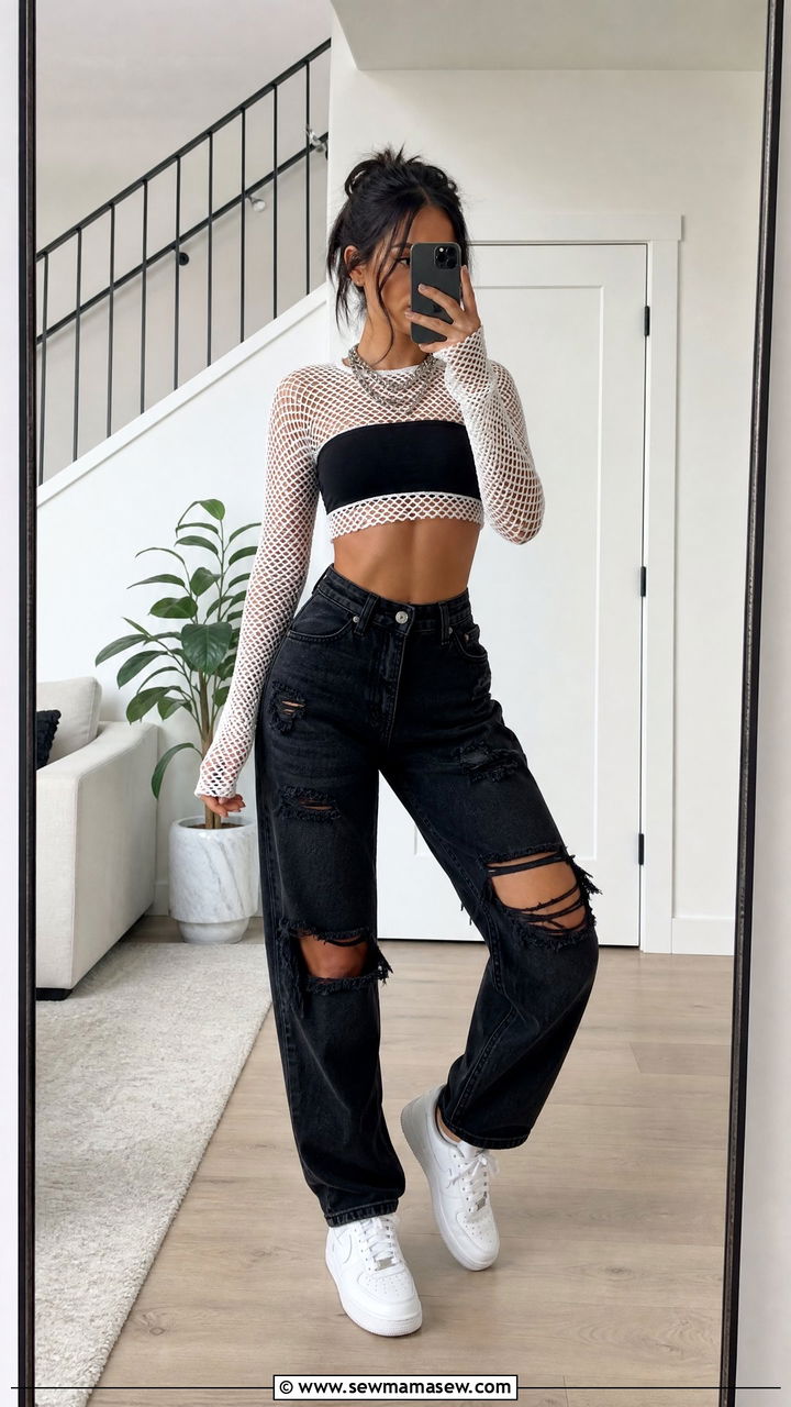 White Mesh Top and Distressed Jeans Outfit - 30 Edgy summer outfits