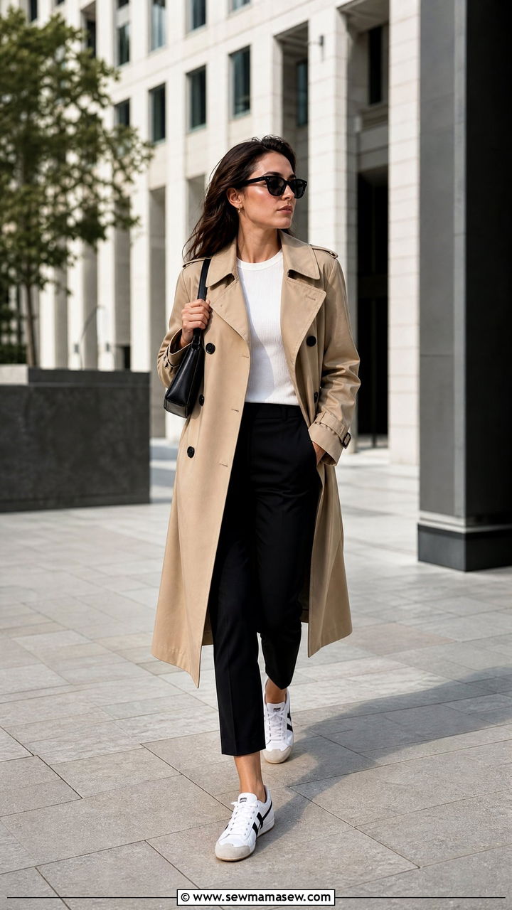White Mexico 66 with a trench coat and cigarette pants - 25 Sporty chic outfit ideas with Onitsuka Tigers
