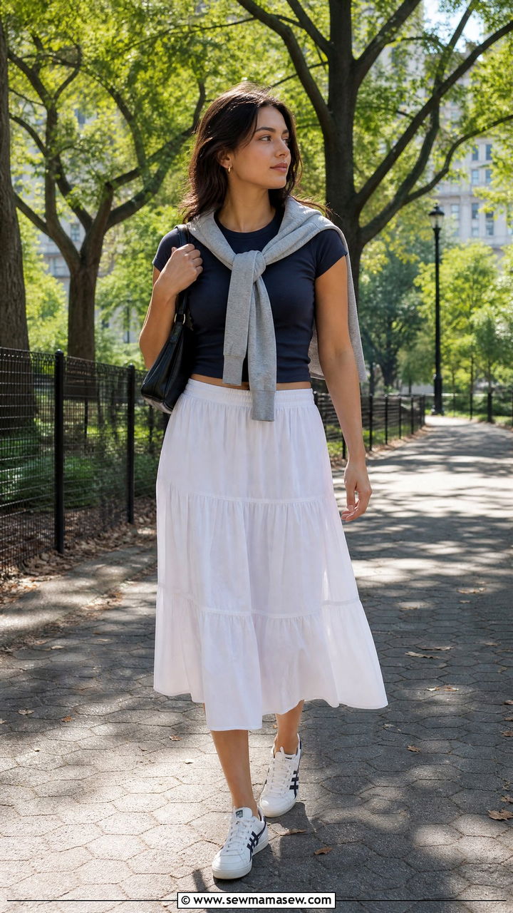 White Mexico 66 with a white midi skirt and navy baby tee - 25 Sporty chic outfit ideas with Onitsuka Tigers