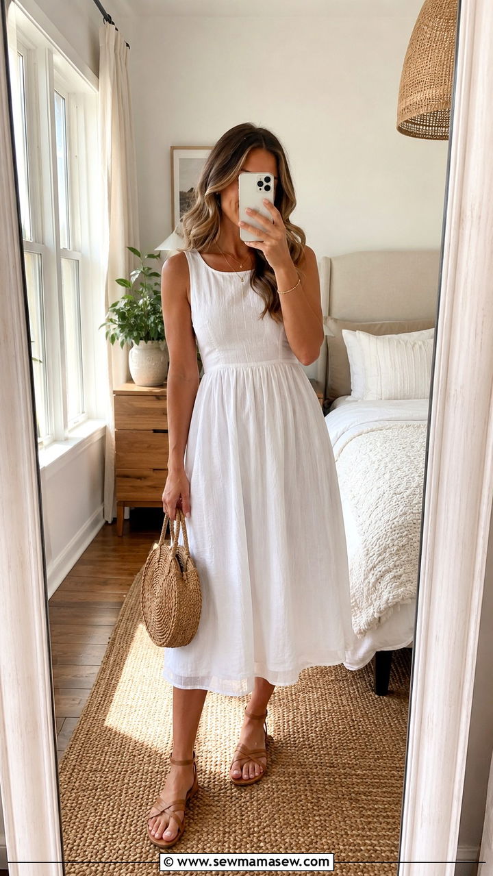 White Midi Dress And Woven Bag Summer Outfit 2026 - 20 summer outfits 2026 women Pinterest