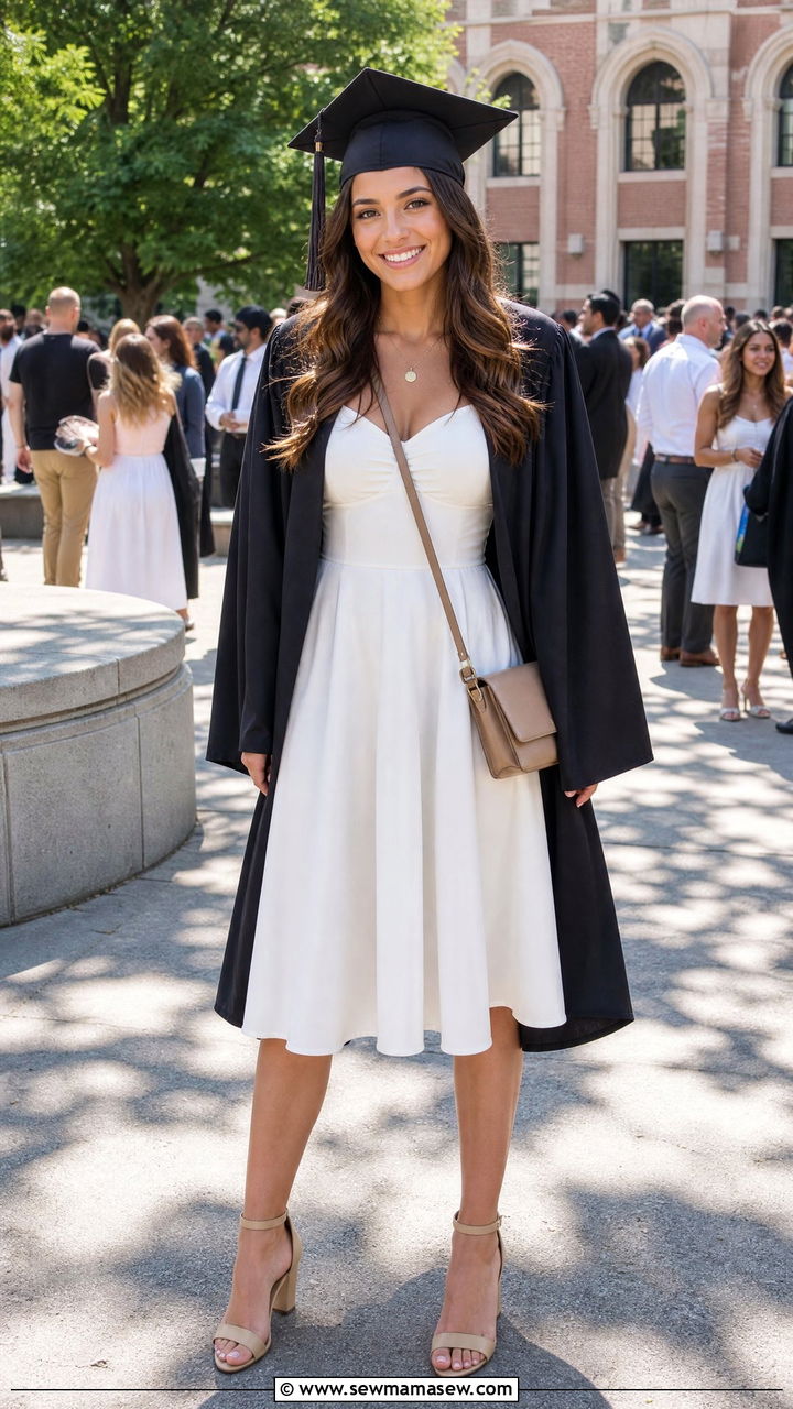 White Midi Dress With Cap And Gown - 30 College senior outfit ideas