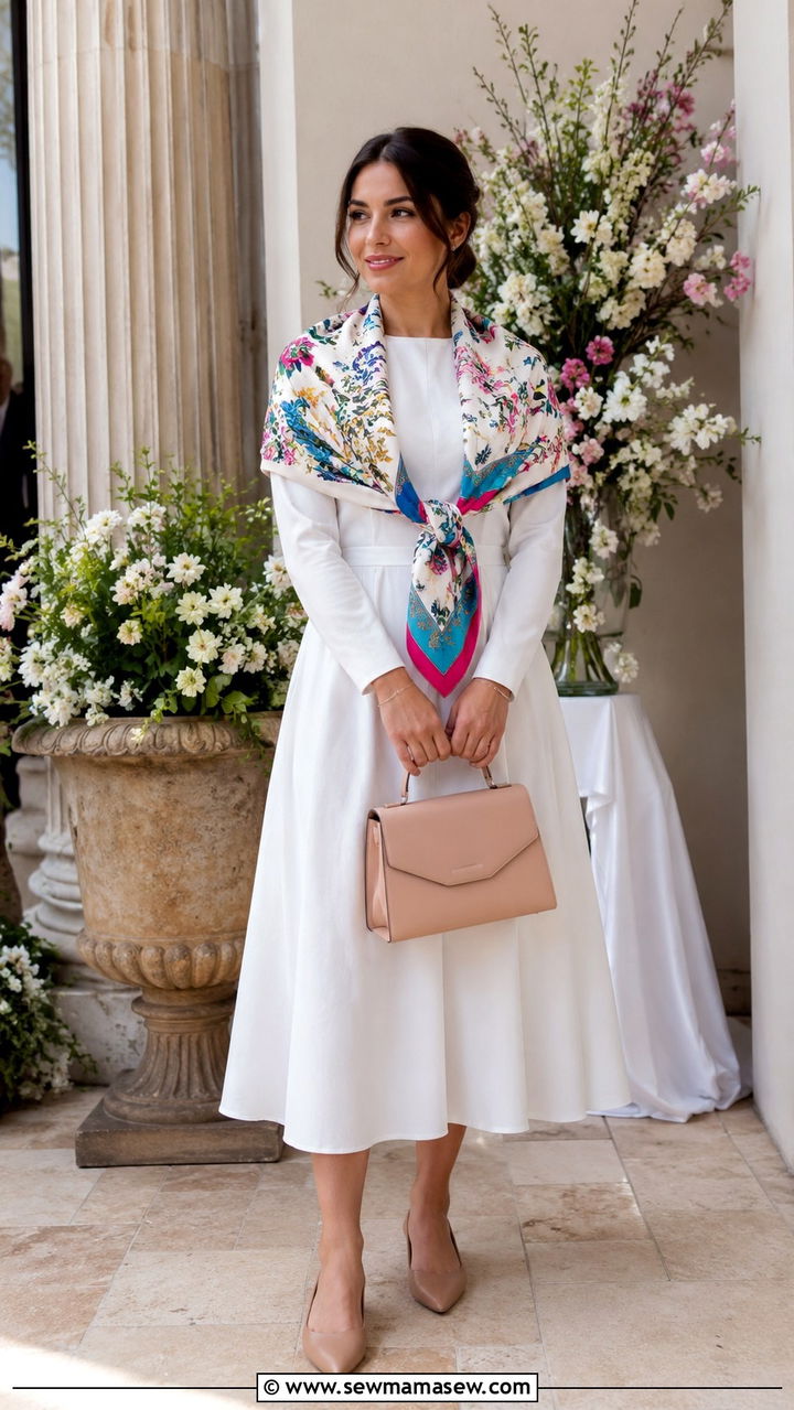 White Midi Dress With Colorful Scarf - 30 spring outfits for modest women