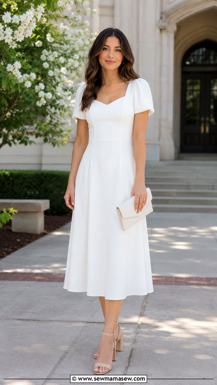 White Midi Dress With Nude Heels - 30 Graduation ceremony outfit ideas